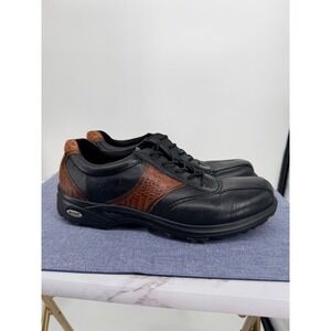 ECCO Classic Saddle Golf Shoes Men 11 Black Brown Leather Croc Accent Spikes